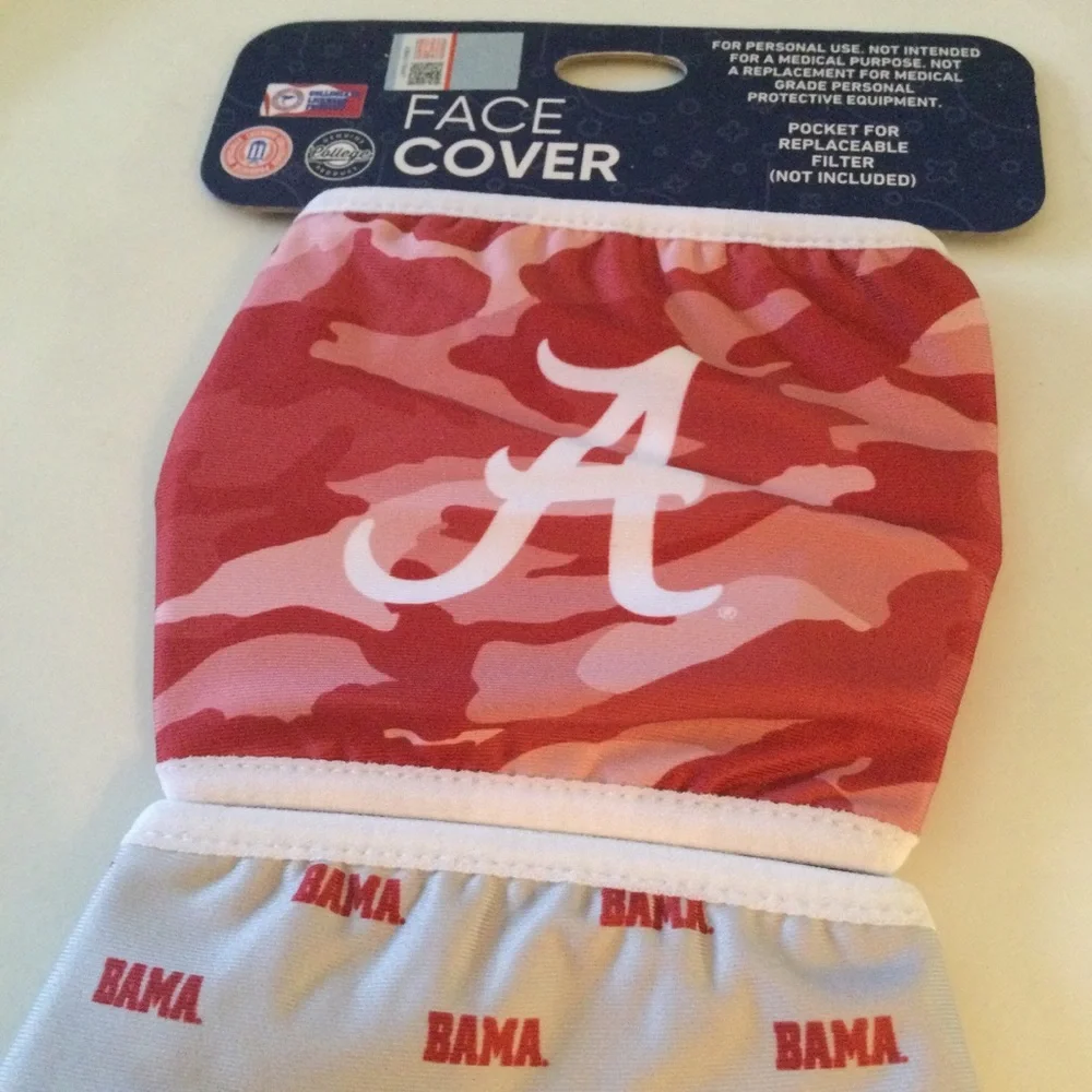 ALABAMA CRIMSON TIDE 2 PIECE FACE MASK COVERINGS RED GRAY ADULT OS NWT